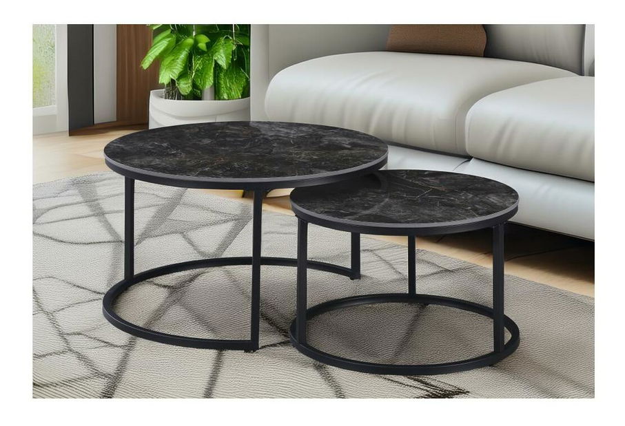 Set 2 ks konferenčních stolků Lastras (černý mramor + černá ocel)