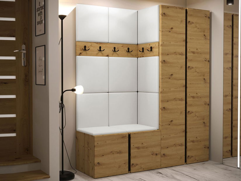 Předsíňová sestava Timothy III (dub artisan + dub artisan + černá) (ekokůže Soft 017 (bílá))