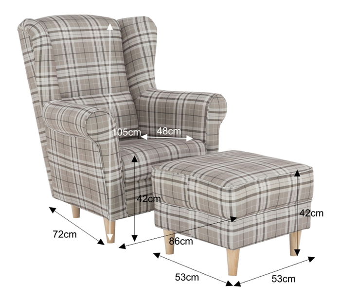 Křeslo ušiak s taburetem Aevo (hnědé káro)