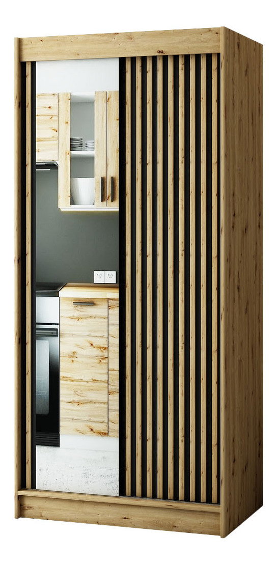 Šatní skříň 100 cm Ladonna 2 (dub artisan + černá matná) (se zrcadlem)