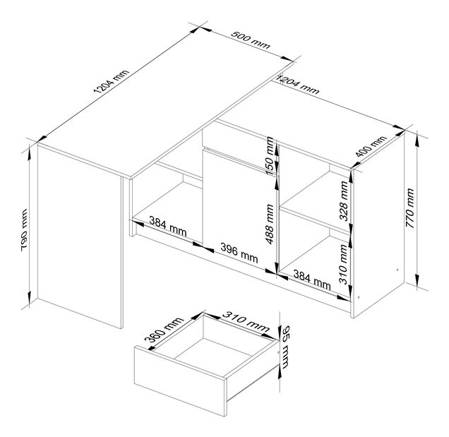 Rohový PC stolek Bahar (bílá + dub sonoma)