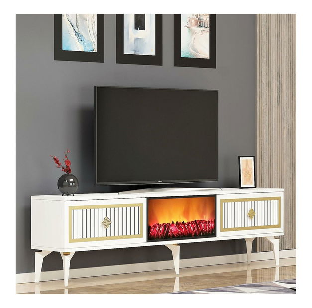 TV stolek/skříňka s krbem Kebive (bílá + zlatá)