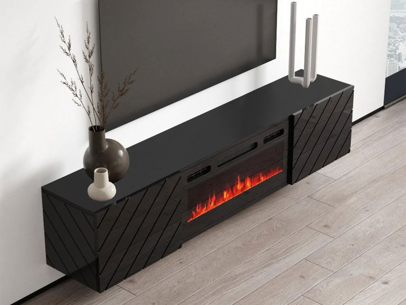 TV skříňka/stolek s elektrickým krbem Pinata (černá + černá lesklá)