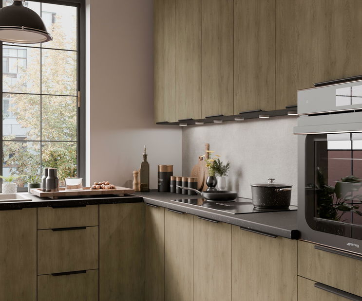 Rohová kuchyně Carminia (dub cremona + černá)