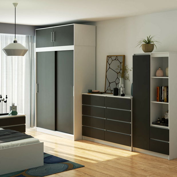 Posuvná skříň (s nástavbou) Siente (bílá + grafit)