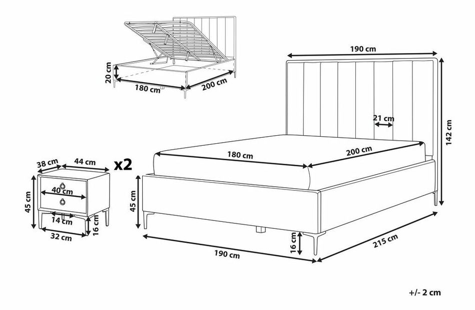 Manželská postel 180 cm s nočními stolky Saturnino (šedá)