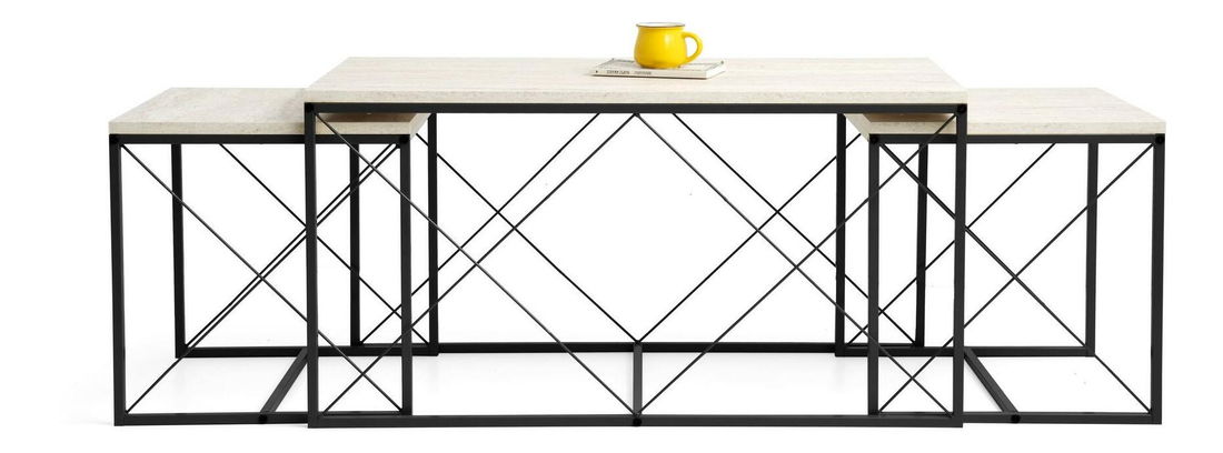 Set 3 konferenčních stolků Defenella (mramor + černá)