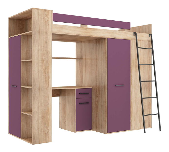 Patrová postel 90 cm Vivian (P) (s roštem) (dub sonoma + fialová)