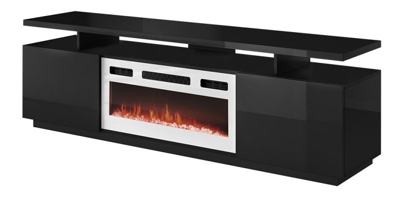 TV skříňka s krbem Anaceta (bílá + černá + lesk černý)