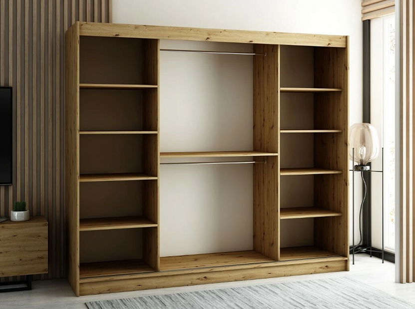 Šatní skříň 250 cm Ladonna (dub artisan + černá matná)