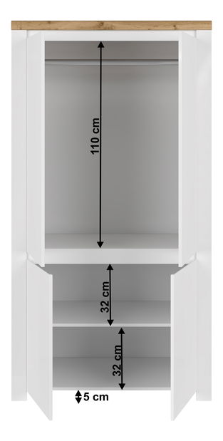 Šatní skříň Vilgi 4D (lesk bílý + dub wotan)