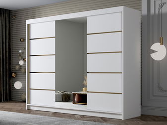 Šatní skříň s posuvnými dveřmi Gamarut VI 200 (bílá + zlatá) (se zrcadlem)
