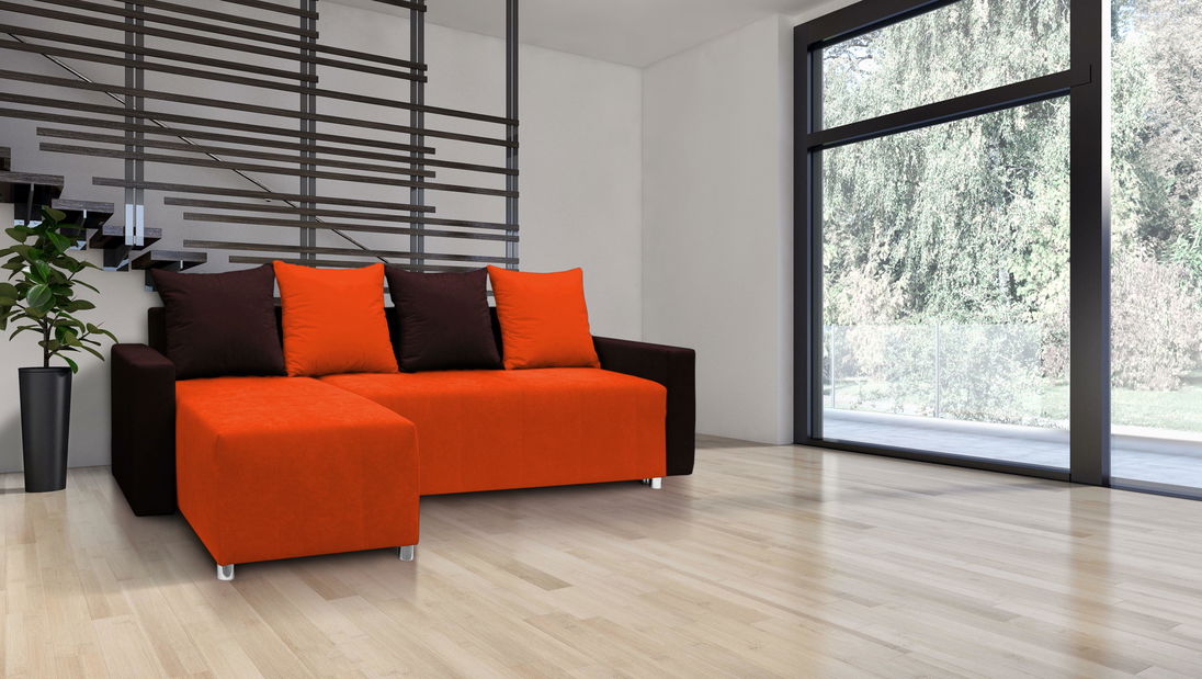 Rohová sedací souprava Briston s opěrkami (tmavě hnědá tmavě oranžová + polštáře)