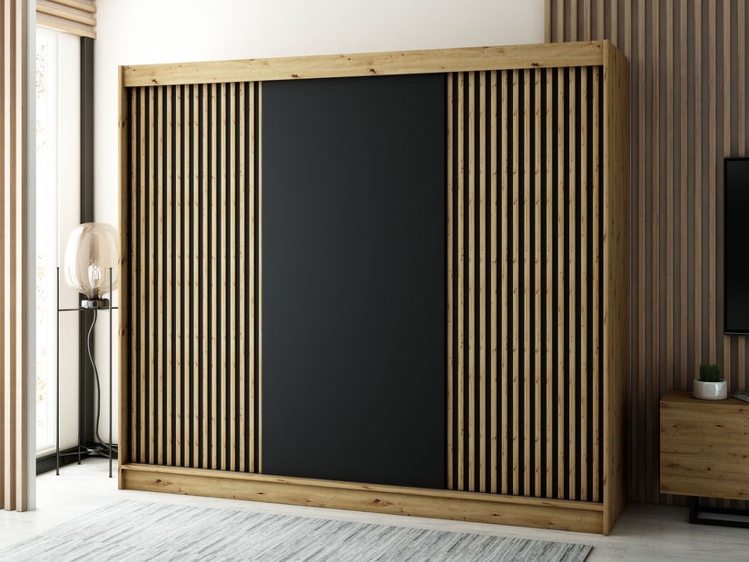 Šatní skříň 250 cm Ladonna (dub artisan + černá matná)