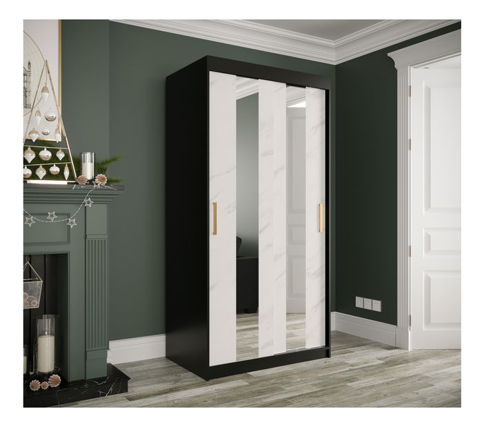 Šatní skříň 100 cm Marbelo P (matná černá + bílý mramor)