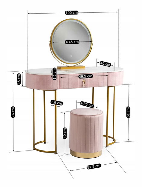 Toaletní stolek Afecto (růžová + zlatá) (s taburetkou a LED zrcadlem)