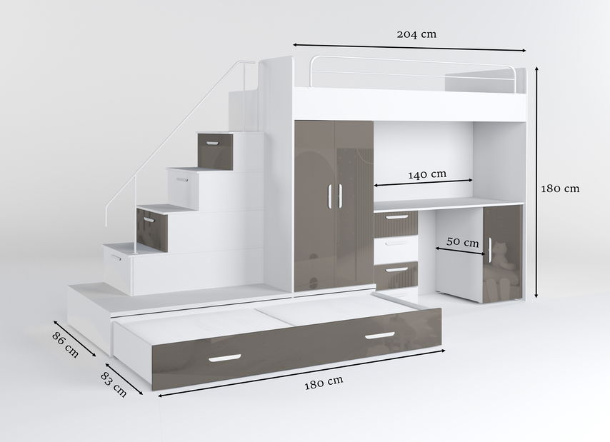 Dětská postel Ruby V (Bílá + Šedá) (s rošty)