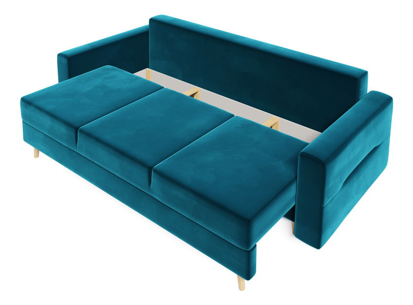 Rozkládací pohovka Bergenia (tyrkysová + polštáře Modré listy)