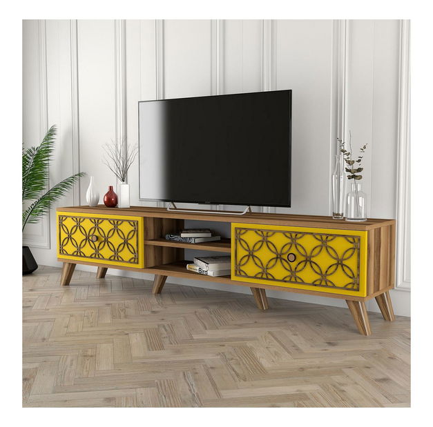 TV stolek/skříňka Clara (ořech + žlutá)