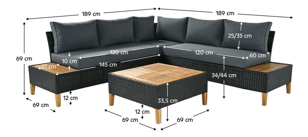 Zahradní ratanový set Malcolm (černá + šedá + přírodní)