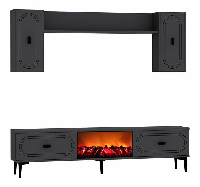 Obývací stěna s krbem Polena (antracit + stříbrná)