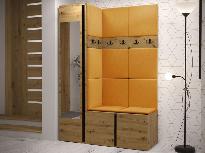 Předsíň Tovenaz X (dub artisan + černá + žlutá) (se zrcadlem)