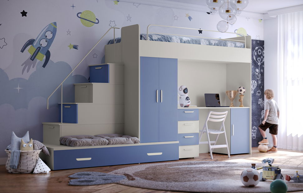 Dětská postel Ruby V (kašmír + světle modrá) (s rošty)