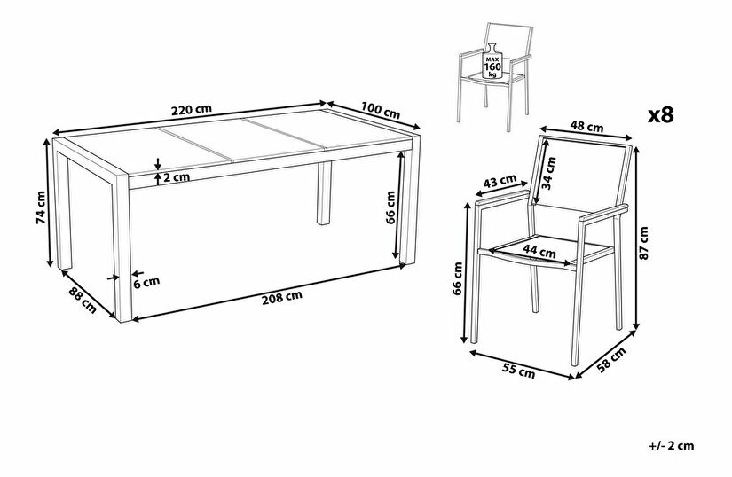 Zahradní jídelní sada Grosso (béžová) (skleněná deska 220x100 cm) (béžové židle)