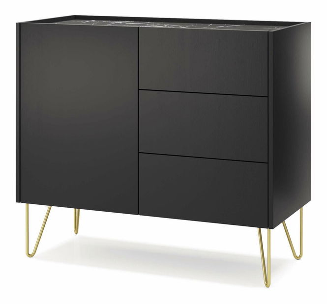 Komoda Harvest KSZ97 (grafit černý + mramor black royal + zlatá)