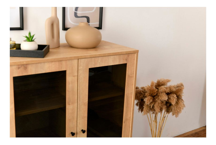 Vitrína Calvinetta (dub + černá + kouřové sklo)