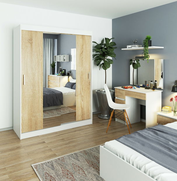 Šatní skříň Clotilde (bílá + dub sonoma) (se zrcadlem)