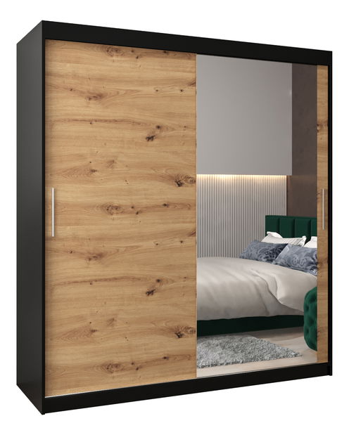 Šatní skříň 180 cm Toki 2 (Černá matná + Dub artisan)