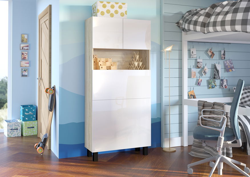 PC stolek Home (bílá lesklá + dub sonoma)