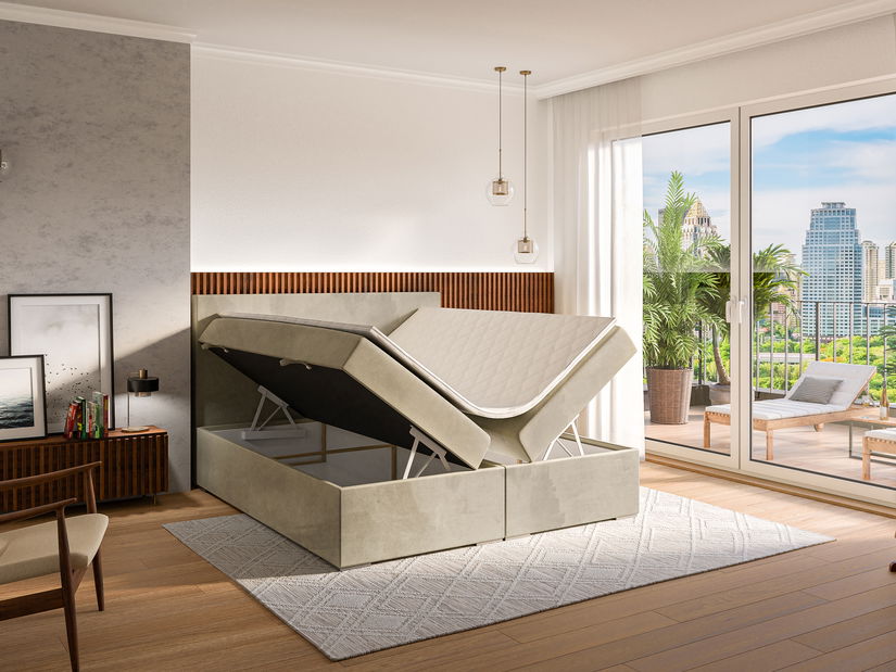 Boxspring postel 180 cm Lemmy (světlobéžová) (s matrací a úl. prostorem)