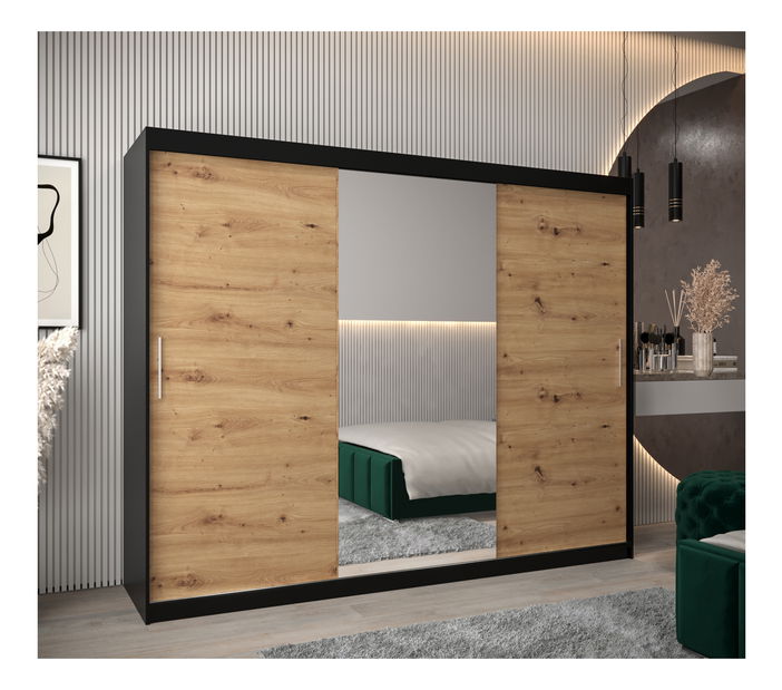 Šatní skříň 250 cm Toki 1 (Černá matná + Dub artisan)