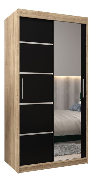 Šatní skříň 100 cm se zrcadlem Verika 2 100 (dub sonoma + černá)