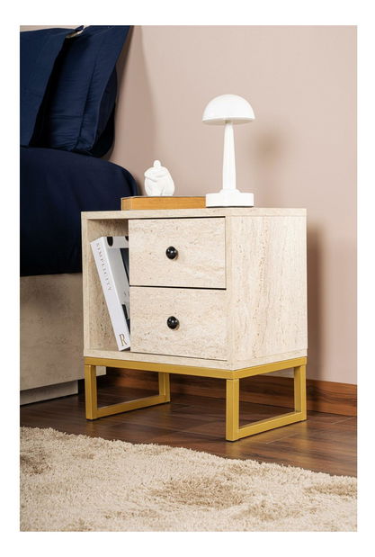 Noční stolek Glimarolla (travertin + zlatá)