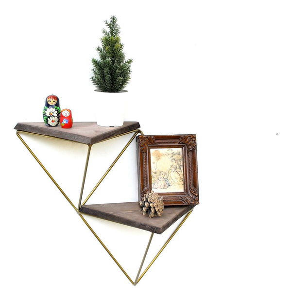 Dekorativní nástěnná police Duvelo 2 (ořech + zlatá)