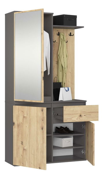 Předsíňová sestava Enteruno (šedý grafit + dub artisan) (se zrcadlem)