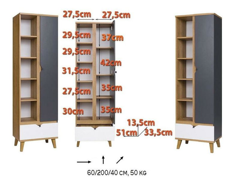 Policová skříň Mimone R1D1SZ (dub zlatý + bílá matná + grafit)