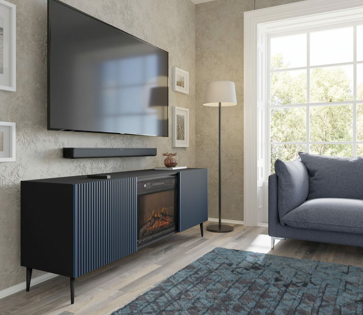 TV skříňka/stolek s elektrickým krbem FPB 2D 170 C Rowanna (černá + tmavě modrá)