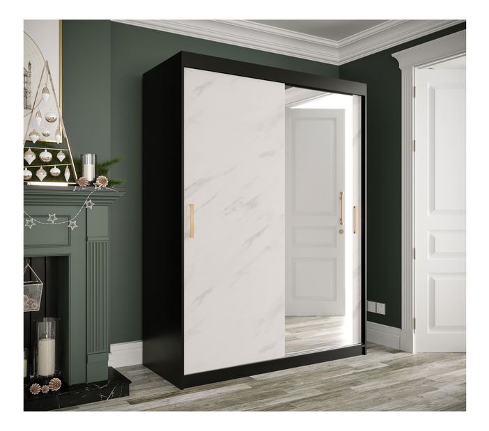 Šatní skříň 150 cm Marbelo T2 (matná černá + bílý mramor)
