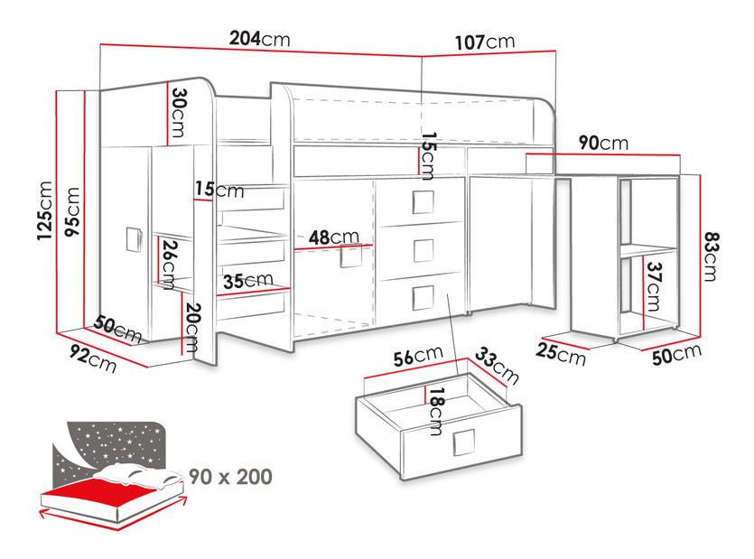 Patrová postel s psacím stolem Tomek 1 (bílá + bílá lesklá)