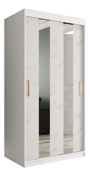 Šatní skříň 100 cm Marbelo P (matná bílá + bílý mramor)