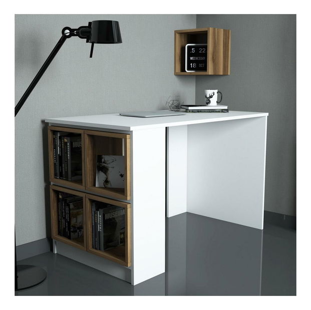 PC stolek s policí Blanchet (bílá + ořech)