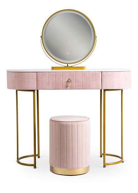 Toaletní stolek Afecto (růžová + zlatá) (s taburetkou a LED zrcadlem)