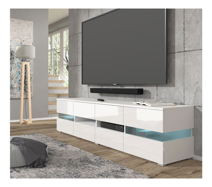TV stolek/skříňka Vaimo (matná bílá + lesklá bílá) (s osvětlením)