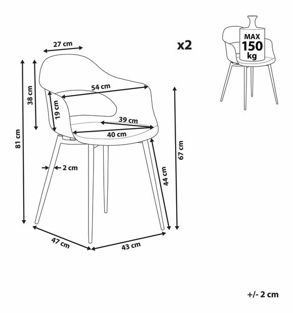 Set 2 ks. jídelních židlí URCA (světle šedá)