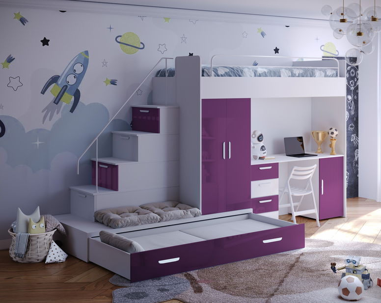Dětská postel Ruby V (Bílá + Fialová) (s rošty)