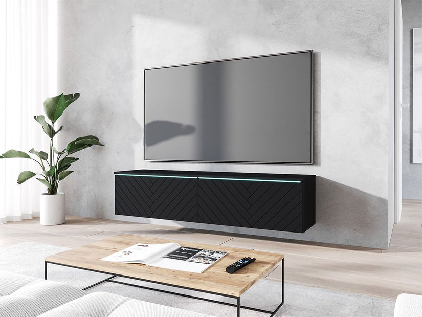 TV skříňka Dlana 140 MDF (černý grafit + rybí kost černá) (s bílým LED osvětlením) *výprodej